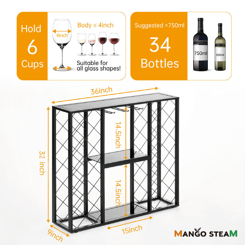 Mango Steam 34 Bottle Wine Rack Console with Glass Table Top