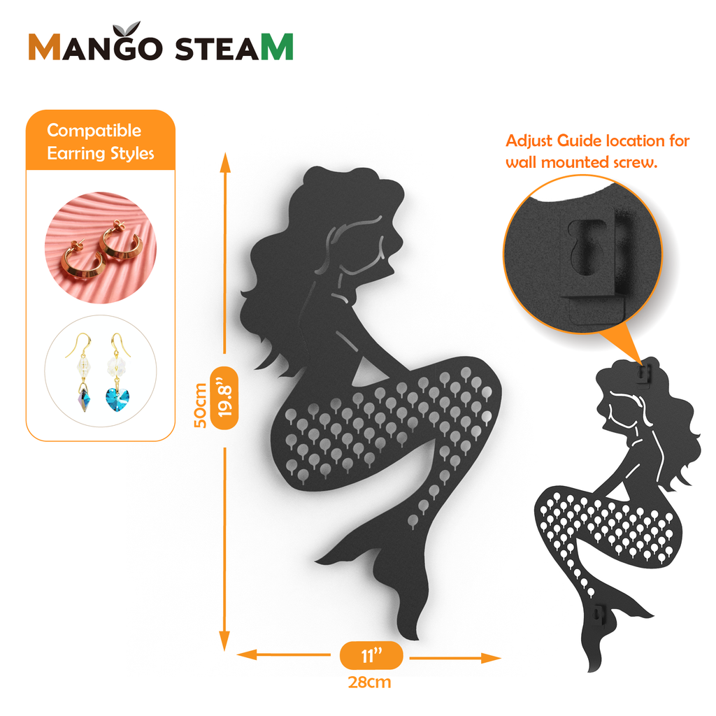 Mango Steam Slim Profile Wall-Mounted Jewelry & Earring Organizer (Mermaid, Black)