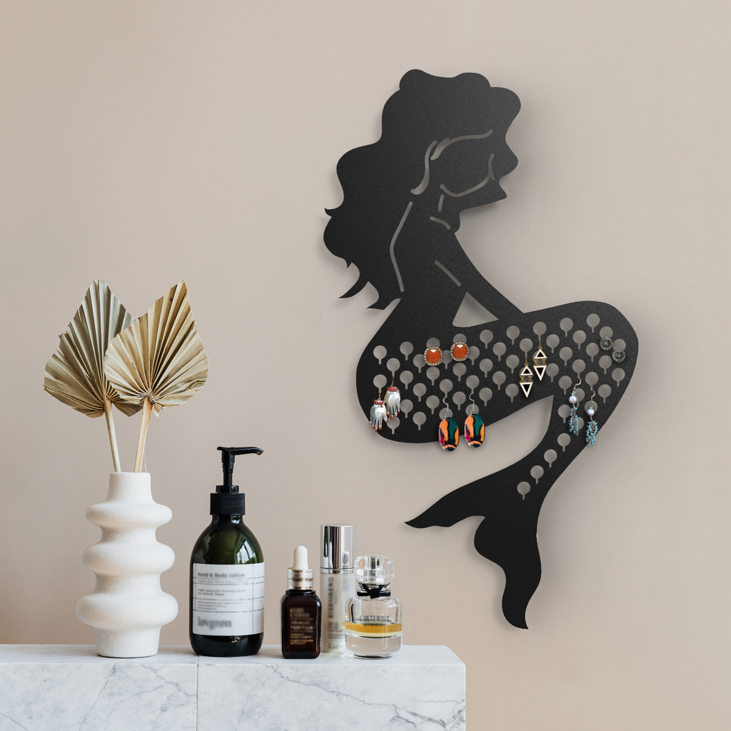 Mango Steam Slim Profile Wall-Mounted Jewelry & Earring Organizer (Mermaid, Black)