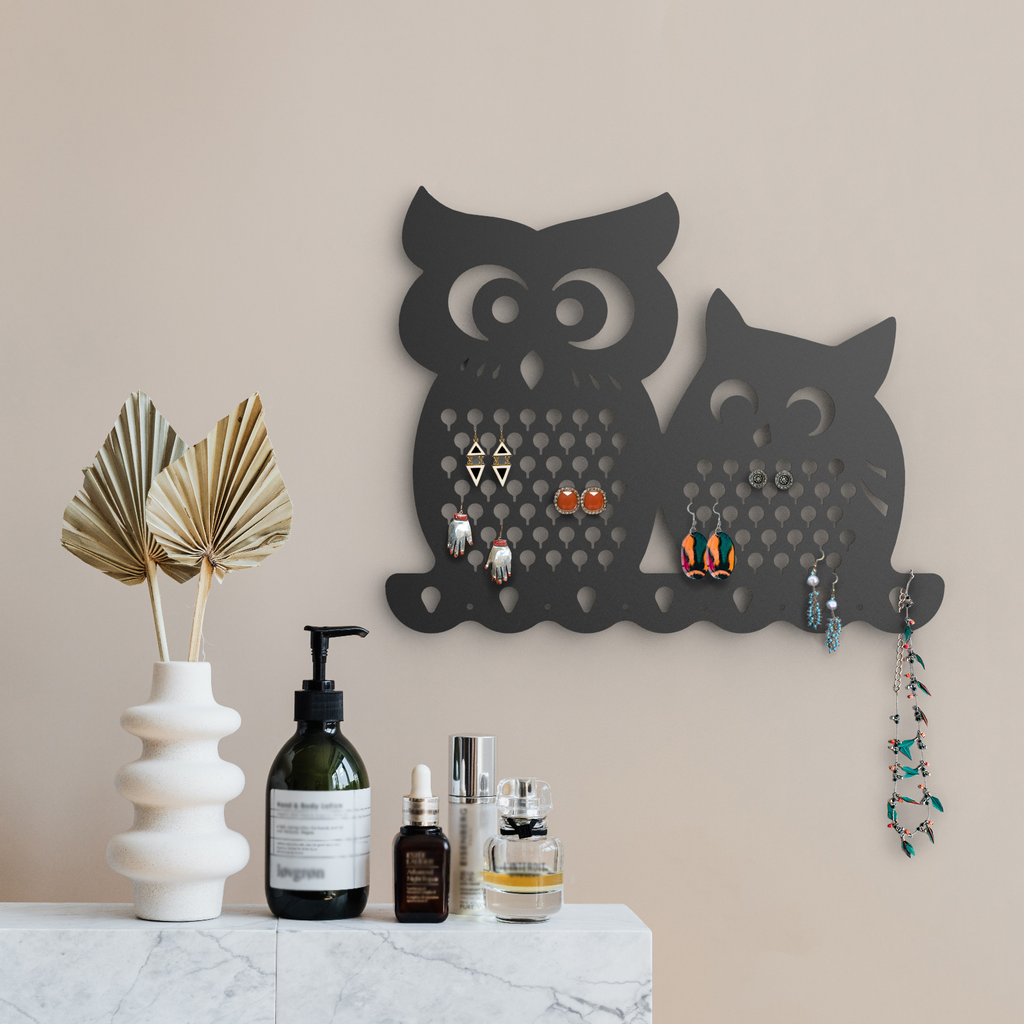 Mango Steam Slim Profile Wall-Mounted Jewelry & Earring Organizer (Owl, Black)