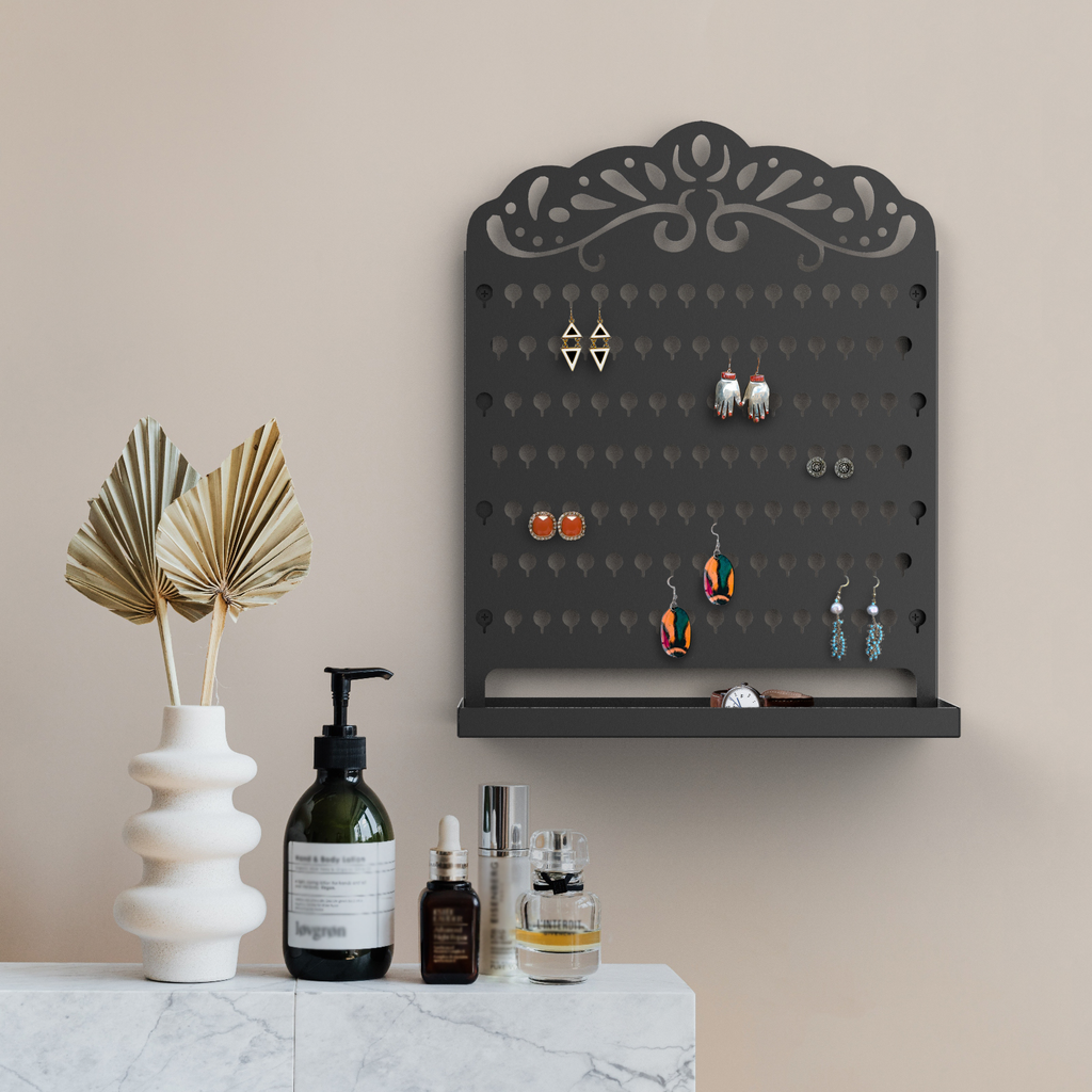 Mango Steam Slim Profile Wall-Mounted Jewelry & Earring Organizer (Peacock, Black)