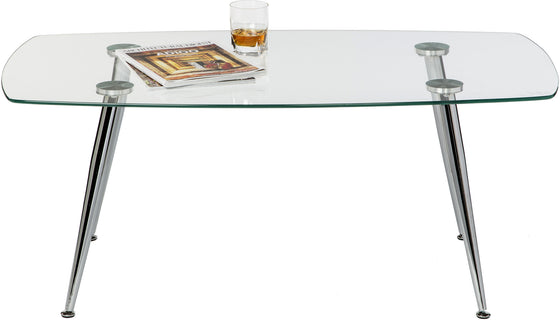 Pacifica Coffee Table Clear Tempered Glass Top and Chrome Tube Base.