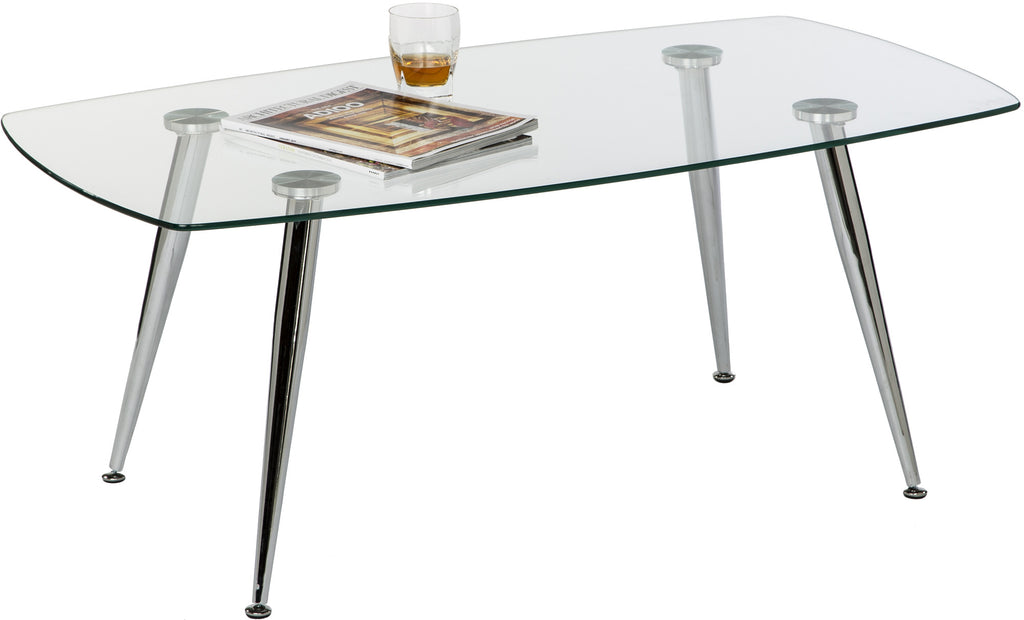 Pacifica Coffee Table Clear Tempered Glass Top and Chrome Tube Base.