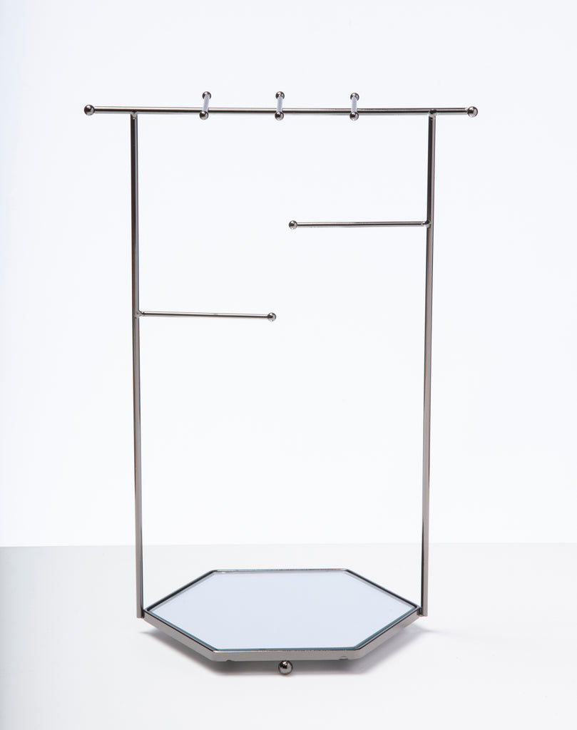 Mango Steam Tabletop Mirror Base Jewelry Tower / Display Stand for Bracelets, Necklaces, Hoop Earrings, Rings (Hexagon Silver)