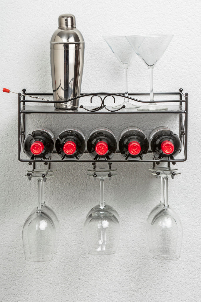 Mango Steam 2 Tier Wall Mounted Wine Rack with Stemware Holder - for Kitchen, Bar, & More